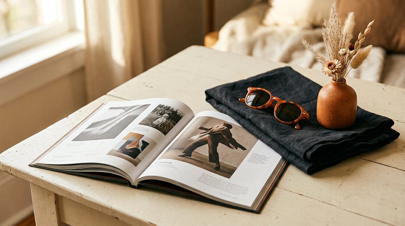 Accessori di moda e rivista su un tavolo